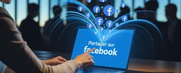 Le bouton partager sur Facebook : image ou photo d'une personne sur un ordinateur ou un smartphone qui clique sur un bouton bleu “Partager sur Facebook”, et plusieurs icônes Facebook qui se propagent comme des ondes ou des bulles vers d’autres utilisateurs.