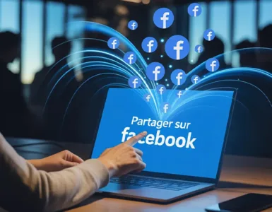 Le bouton partager sur Facebook : image ou photo d'une personne sur un ordinateur ou un smartphone qui clique sur un bouton bleu “Partager sur Facebook”, et plusieurs icônes Facebook qui se propagent comme des ondes ou des bulles vers d’autres utilisateurs.