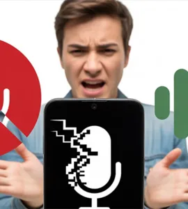Le micro et la commande vocale sur Android : image ou photo d'un smartphone Android au centre, avec un micro fissuré ou en mode “bug” (effet glitch), et une personne en arrière-plan qui parle avec frustration 😤. D’un côté, une icône micro barrée en rouge.