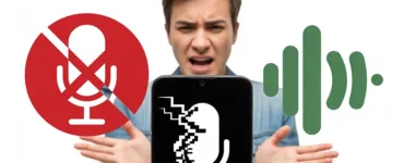 Le micro et la commande vocale sur Android : image ou photo d'un smartphone Android au centre, avec un micro fissuré ou en mode “bug” (effet glitch), et une personne en arrière-plan qui parle avec frustration 😤. D’un côté, une icône micro barrée en rouge.