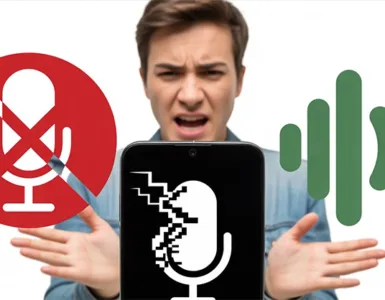 Le micro et la commande vocale sur Android : image ou photo d'un smartphone Android au centre, avec un micro fissuré ou en mode “bug” (effet glitch), et une personne en arrière-plan qui parle avec frustration 😤. D’un côté, une icône micro barrée en rouge.