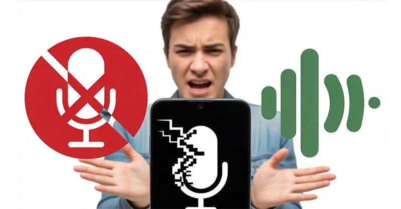 Le micro et la commande vocale sur Android : image ou photo d'un smartphone Android au centre, avec un micro fissuré ou en mode “bug” (effet glitch), et une personne en arrière-plan qui parle avec frustration 😤. D’un côté, une icône micro barrée en rouge.