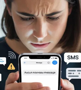 SMS : image ou photo représentant une personne regarde son téléphone avec un air inquiet ou frustré 😟📱. Sur l’écran du téléphone, on voit une application de messages vide ou un message comme "Aucun nouveau message".