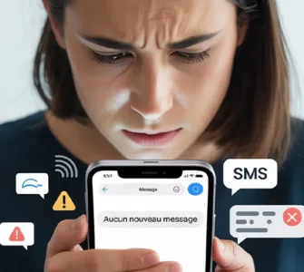 SMS : image ou photo représentant une personne regarde son téléphone avec un air inquiet ou frustré 😟📱. Sur l’écran du téléphone, on voit une application de messages vide ou un message comme "Aucun nouveau message".