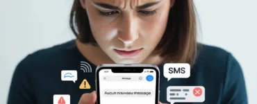 SMS : image ou photo représentant une personne regarde son téléphone avec un air inquiet ou frustré 😟📱. Sur l’écran du téléphone, on voit une application de messages vide ou un message comme "Aucun nouveau message".