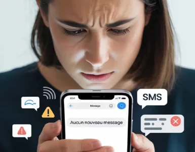 SMS : image ou photo représentant une personne regarde son téléphone avec un air inquiet ou frustré 😟📱. Sur l’écran du téléphone, on voit une application de messages vide ou un message comme "Aucun nouveau message".