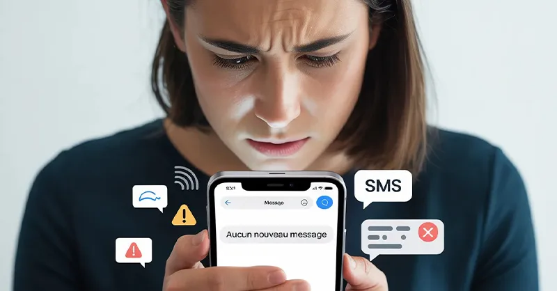 SMS : image ou photo représentant une personne regarde son téléphone avec un air inquiet ou frustré 😟📱. Sur l’écran du téléphone, on voit une application de messages vide ou un message comme "Aucun nouveau message".
