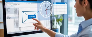 Programmer un mail sur Outlook : image ou photo d'un écran d’ordinateur affichant Outlook ouvert, avec une fenêtre de rédaction d’email. On voit une horloge ou un calendrier en surimpression pour symboliser la programmation.