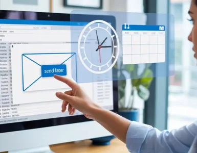 Programmer un mail sur Outlook : image ou photo d'un écran d’ordinateur affichant Outlook ouvert, avec une fenêtre de rédaction d’email. On voit une horloge ou un calendrier en surimpression pour symboliser la programmation.