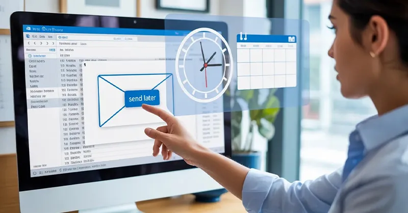 Programmer un mail sur Outlook : image ou photo d'un écran d’ordinateur affichant Outlook ouvert, avec une fenêtre de rédaction d’email. On voit une horloge ou un calendrier en surimpression pour symboliser la programmation.
