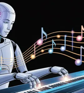 Suno : image ou photo d'une illustration moderne avec une intelligence artificielle (cerveau digital ou robot) qui génère des notes de musique lumineuses.