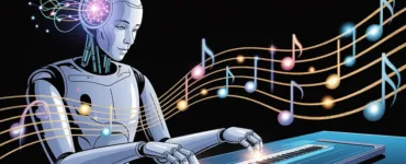 Suno : image ou photo d'une illustration moderne avec une intelligence artificielle (cerveau digital ou robot) qui génère des notes de musique lumineuses.