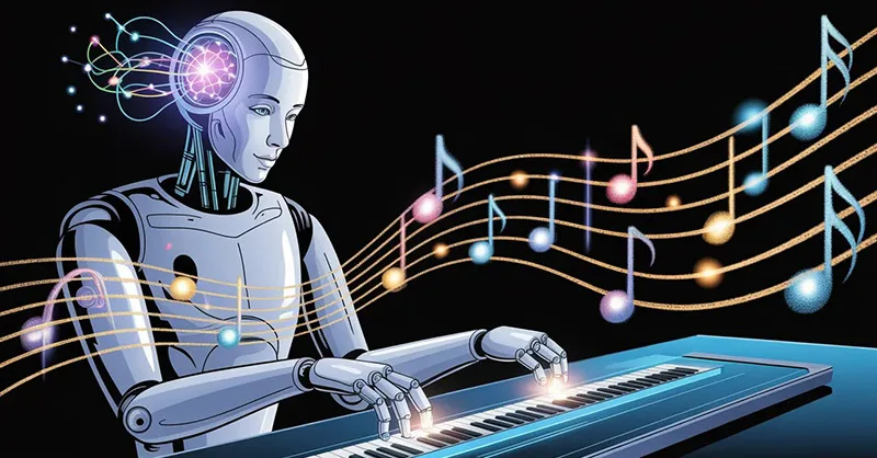 Suno : image ou photo d'une illustration moderne avec une intelligence artificielle (cerveau digital ou robot) qui génère des notes de musique lumineuses.