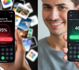 Augmenter la mémoire de son téléphone : image ou photo d'un smartphone tenu dans une main, avec un écran affichant une barre de stockage pleine et à côté une barre de stockage verte .