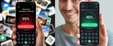 Augmenter la mémoire de son téléphone : image ou photo d'un smartphone tenu dans une main, avec un écran affichant une barre de stockage pleine et à côté une barre de stockage verte .