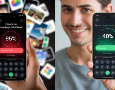 Augmenter la mémoire de son téléphone : image ou photo d'un smartphone tenu dans une main, avec un écran affichant une barre de stockage pleine et à côté une barre de stockage verte .