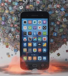 Bloatware : image ou photo d'un smartphone au centre de l’image. L’écran est rempli d’applications inutiles qui débordent partout. Certaines icônes sortent même de l’écran comme si elles envahissaient l’appareil.