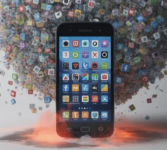 Bloatware : image ou photo d'un smartphone au centre de l’image. L’écran est rempli d’applications inutiles qui débordent partout. Certaines icônes sortent même de l’écran comme si elles envahissaient l’appareil.