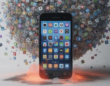 Bloatware : image ou photo d'un smartphone au centre de l’image. L’écran est rempli d’applications inutiles qui débordent partout. Certaines icônes sortent même de l’écran comme si elles envahissaient l’appareil.