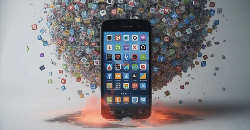 Bloatware : image ou photo d'un smartphone au centre de l’image. L’écran est rempli d’applications inutiles qui débordent partout. Certaines icônes sortent même de l’écran comme si elles envahissaient l’appareil.