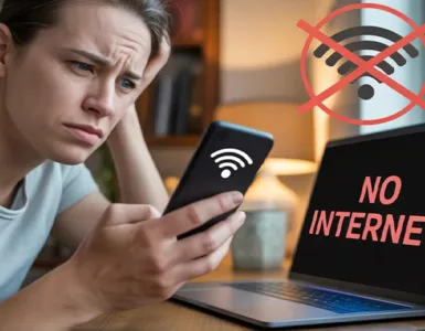 Partage de connexion : image ou photo d'une personne regarde son téléphone avec un air frustré pendant qu’un ordinateur portable affiche “No Internet”