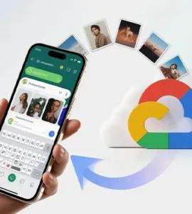 Photos WhatsApp sur Google Photos : image ou photo d'un smartphone tenu en main avec l’interface WhatsApp ouverte (conversation avec photos visibles), et une flèche douce qui part de l’écran vers le logo Google Photos en arrière-plan, avec un effet nuage pour représenter la sauvegarde.