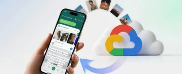 Photos WhatsApp sur Google Photos : image ou photo d'un smartphone tenu en main avec l’interface WhatsApp ouverte (conversation avec photos visibles), et une flèche douce qui part de l’écran vers le logo Google Photos en arrière-plan, avec un effet nuage pour représenter la sauvegarde.