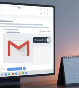 Programmer l'envoi d'un mail sur Gmail : image ou photo d'un écran d’ordinateur affichant Gmail avec un email ouvert. À côté, un petit calendrier ou une horloge qui symbolise la programmation.