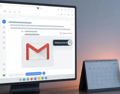 Programmer l'envoi d'un mail sur Gmail : image ou photo d'un écran d’ordinateur affichant Gmail avec un email ouvert. À côté, un petit calendrier ou une horloge qui symbolise la programmation.
