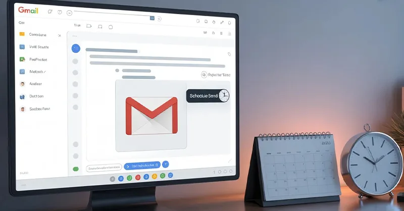 Programmer l'envoi d'un mail sur Gmail : image ou photo d'un écran d’ordinateur affichant Gmail avec un email ouvert. À côté, un petit calendrier ou une horloge qui symbolise la programmation.