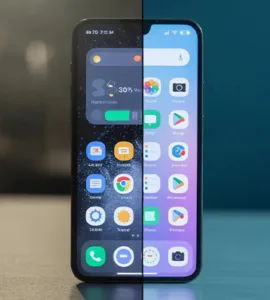 Android lent : image ou photo d'un smartphone au centre de l’image, séparé en deux parties. À gauche, un téléphone lent avec écran figé, icônes en désordre, une barre de chargement bloquée et une ambiance sombre 😤 À droite, le même téléphone propre, rapide, avec un écran fluide, lumineux et des icônes bien rangées 🚀