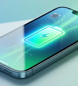 Autonomie batterie iPhone : image ou photo d'un smartphone de style moderne dont l'écran affiche une icône de batterie lumineuse et des effets d'énergie.