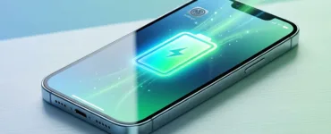 Autonomie batterie iPhone : image ou photo d'un smartphone de style moderne dont l'écran affiche une icône de batterie lumineuse et des effets d'énergie.