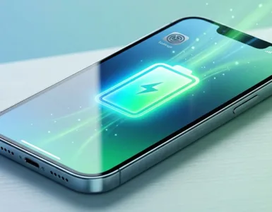 Autonomie batterie iPhone : image ou photo d'un smartphone de style moderne dont l'écran affiche une icône de batterie lumineuse et des effets d'énergie.