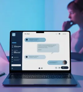Claude.ai : image ou photo d'un ordinateur portable ouvert au centre. Sur l’écran, une interface de chat avec une IA.