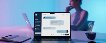 Claude.ai : image ou photo d'un ordinateur portable ouvert au centre. Sur l’écran, une interface de chat avec une IA.