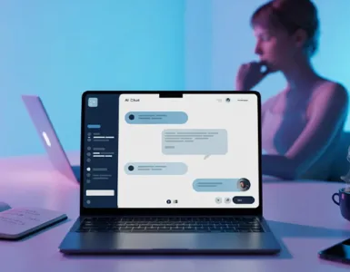 Claude.ai : image ou photo d'un ordinateur portable ouvert au centre. Sur l’écran, une interface de chat avec une IA.