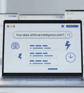 Consensus l'assistant IA : image ou photo d'un bureau moderne avec un ordinateur portable ouvert. Sur l’écran, une interface d’IA avec des bulles de texte qui résument une recherche.