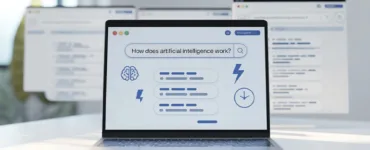 Consensus l'assistant IA : image ou photo d'un bureau moderne avec un ordinateur portable ouvert. Sur l’écran, une interface d’IA avec des bulles de texte qui résument une recherche.