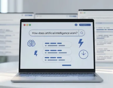 Consensus l'assistant IA : image ou photo d'un bureau moderne avec un ordinateur portable ouvert. Sur l’écran, une interface d’IA avec des bulles de texte qui résument une recherche.