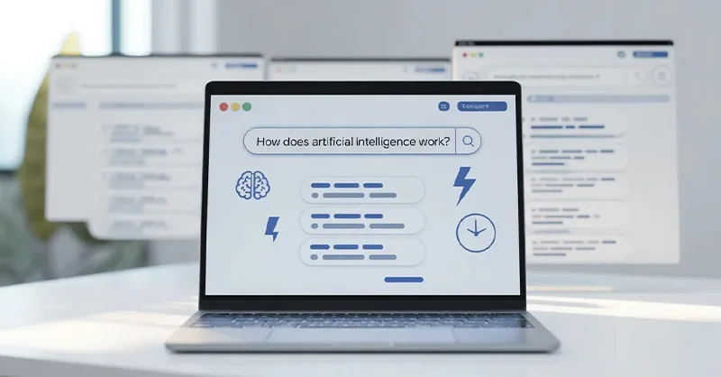 Consensus l'assistant IA : image ou photo d'un bureau moderne avec un ordinateur portable ouvert. Sur l’écran, une interface d’IA avec des bulles de texte qui résument une recherche.