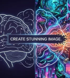 DALL-E : image ou photo affichant à gauche, un cerveau humain dessiné avec des traits simples, presque en croquis. À droite, ce cerveau se transforme en une explosion d’images colorées générées par l’IA.
