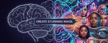 DALL-E : image ou photo affichant à gauche, un cerveau humain dessiné avec des traits simples, presque en croquis. À droite, ce cerveau se transforme en une explosion d’images colorées générées par l’IA.