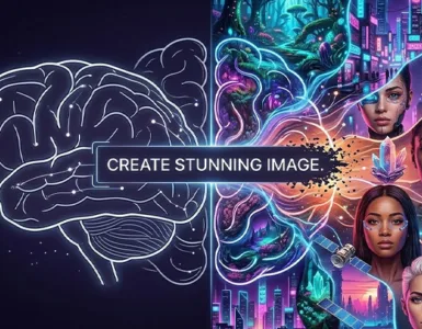DALL-E : image ou photo affichant à gauche, un cerveau humain dessiné avec des traits simples, presque en croquis. À droite, ce cerveau se transforme en une explosion d’images colorées générées par l’IA.