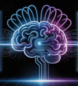 DeepSeek : image ou photo d'un cerveau numérique lumineux au centre, composé de circuits et de lignes bleues, avec des flux de données qui circulent autour.