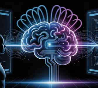 DeepSeek : image ou photo d'un cerveau numérique lumineux au centre, composé de circuits et de lignes bleues, avec des flux de données qui circulent autour.