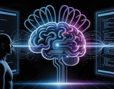 DeepSeek : image ou photo d'un cerveau numérique lumineux au centre, composé de circuits et de lignes bleues, avec des flux de données qui circulent autour.