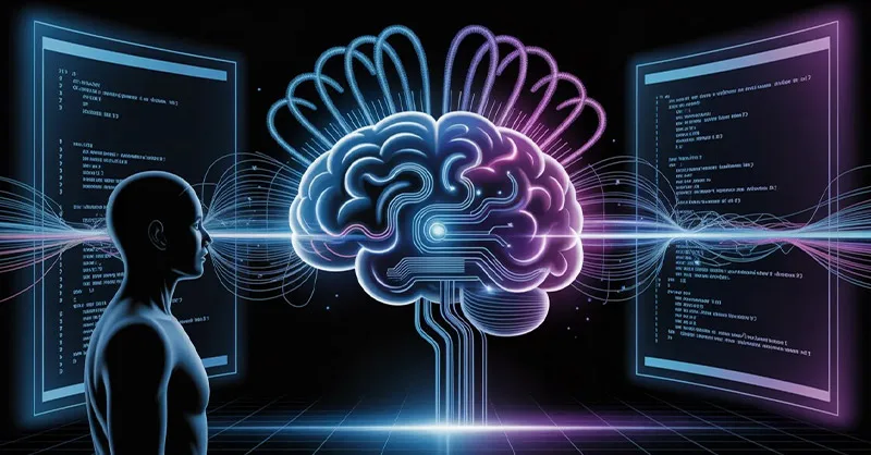 DeepSeek : image ou photo d'un cerveau numérique lumineux au centre, composé de circuits et de lignes bleues, avec des flux de données qui circulent autour.
