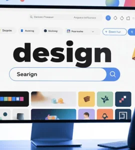 Utiliser Freepik : image ou photo d'un écran d’ordinateur avec l’interface de Freepik ouverte. On voit une barre de recherche avec le mot “design” tapé dedans. Autour de l’écran, quelques éléments graphiques flottent comme des icônes, des illustrations et des formes colorées. Une personne (style simple ou silhouette) regarde l’écran avec un air curieux et concentré.
