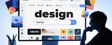 Utiliser Freepik : image ou photo d'un écran d’ordinateur avec l’interface de Freepik ouverte. On voit une barre de recherche avec le mot “design” tapé dedans. Autour de l’écran, quelques éléments graphiques flottent comme des icônes, des illustrations et des formes colorées. Une personne (style simple ou silhouette) regarde l’écran avec un air curieux et concentré.